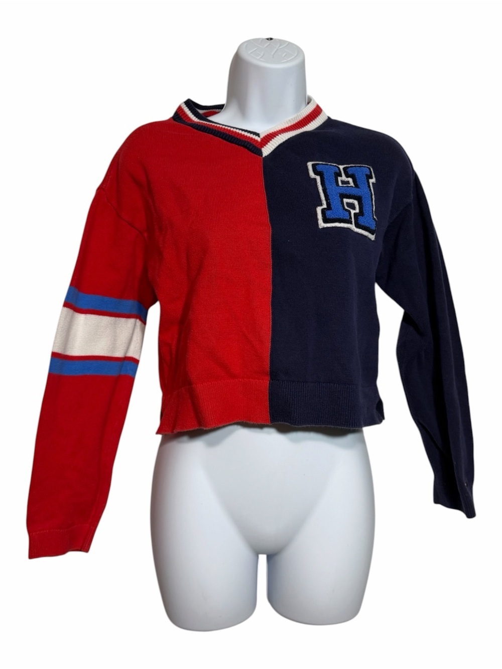 Colorblock Varsity Cropped Sweater H Letterman Patch Size Large Americana Tommy